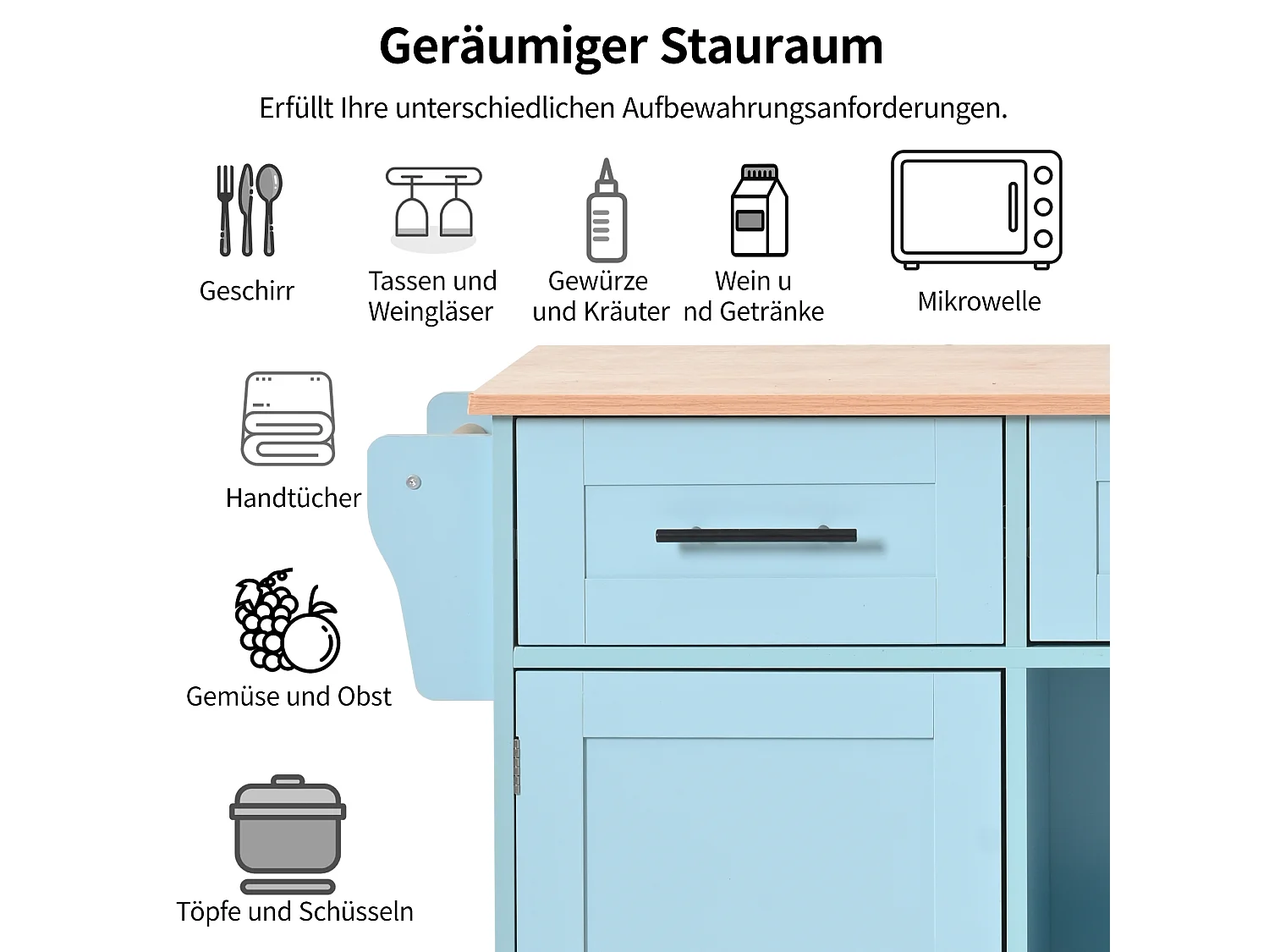 Ilot central de cuisine mobile avec 2 portes et 3 tiroirs - plateau extensible - 129x46/71x91,5 cm - Bois MDF + métal - Bleu + naturel