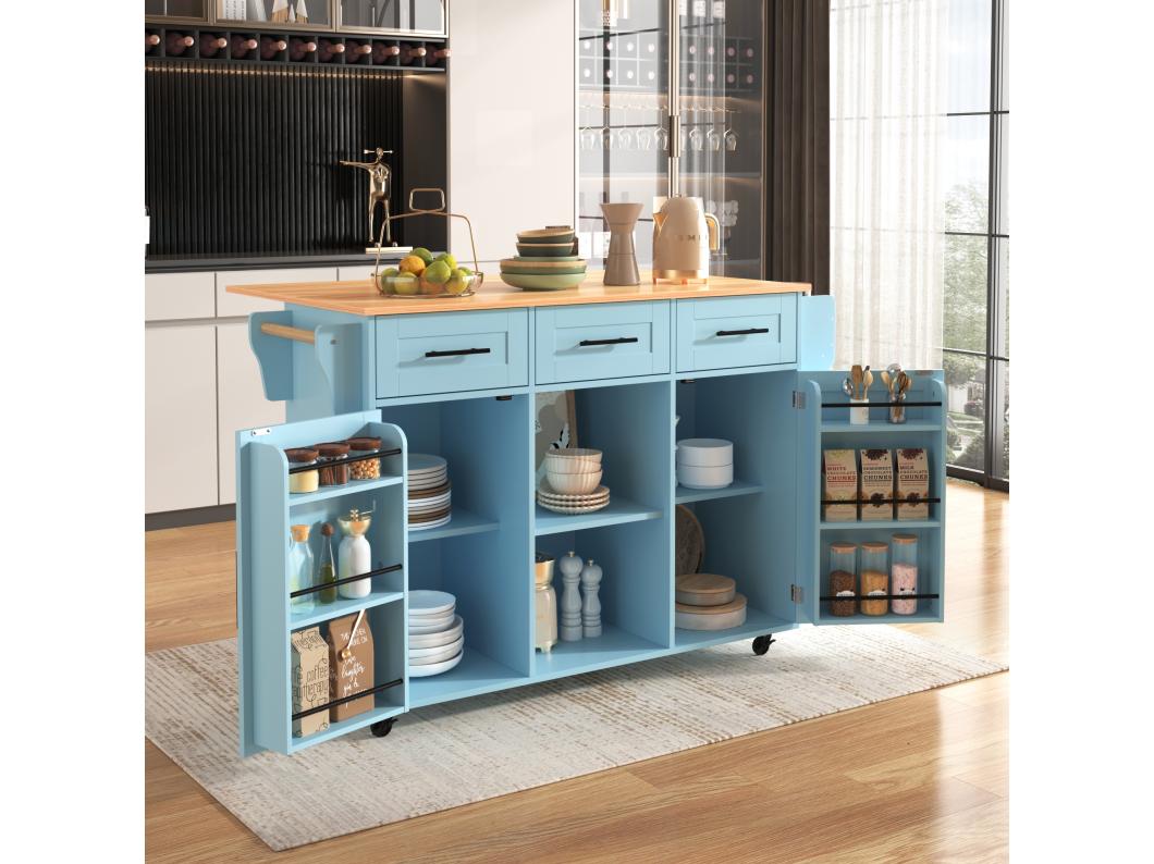 Isola cucina mobile centrale con 2 ante e 3 cassetti - piano allungabile - 129x46/71x91,5 cm - Legno MDF + metallo - Blu + naturale