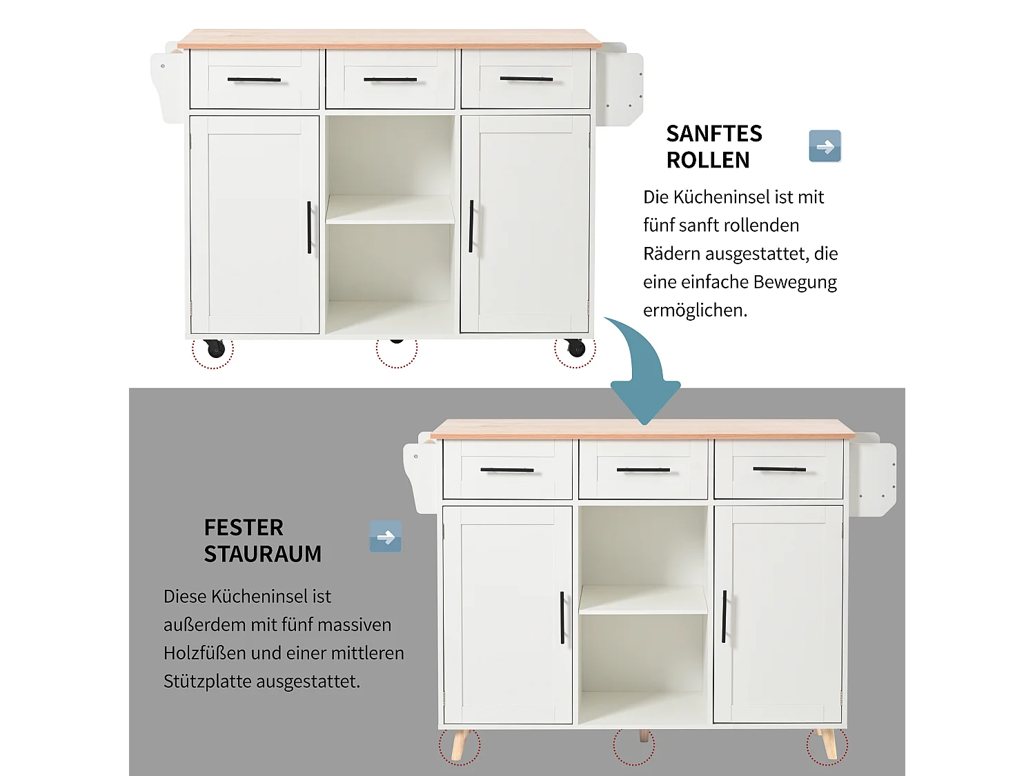 Mobilna wyspa kuchenna z 2 drzwiami i 3 szufladami - rozkładany blat - 129x46/71x91,5 cm - drewno MDF + metal - biały + naturalny