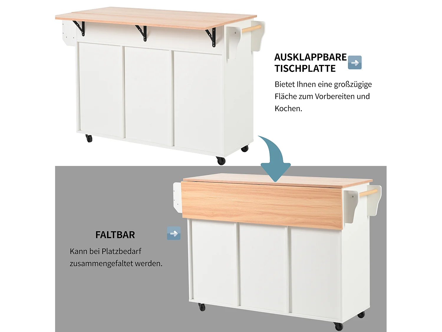 Mobilna wyspa kuchenna z 2 drzwiami i 3 szufladami - rozkładany blat - 129x46/71x91,5 cm - drewno MDF + metal - biały + naturalny