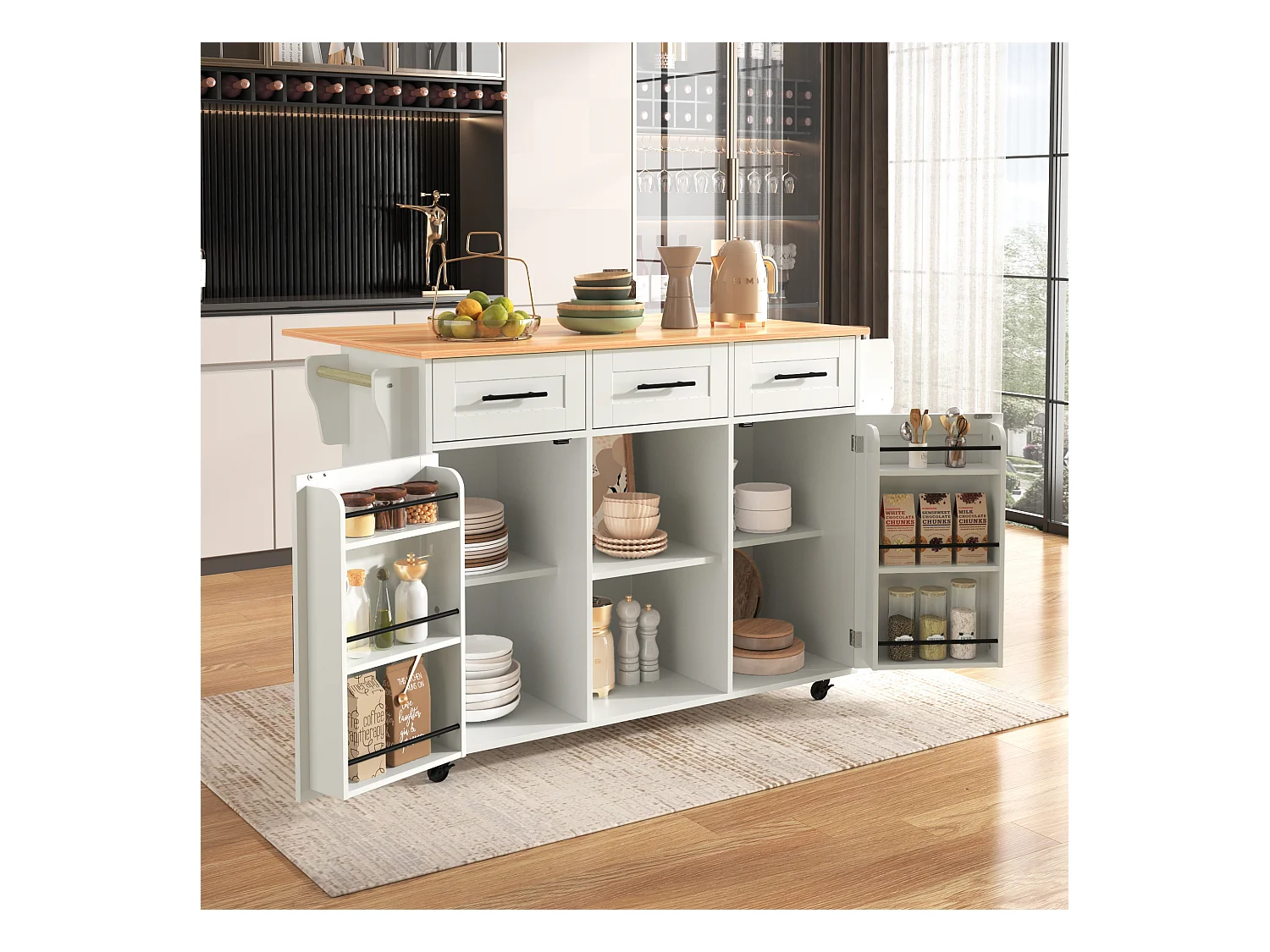 Zentrale mobile Kücheninsel mit 2 Türen und 3 Schubladen – ausziehbare Platte – 129 x 46/71 x 91,5 cm – MDF-Holz + Metall – Weiß + Natur
