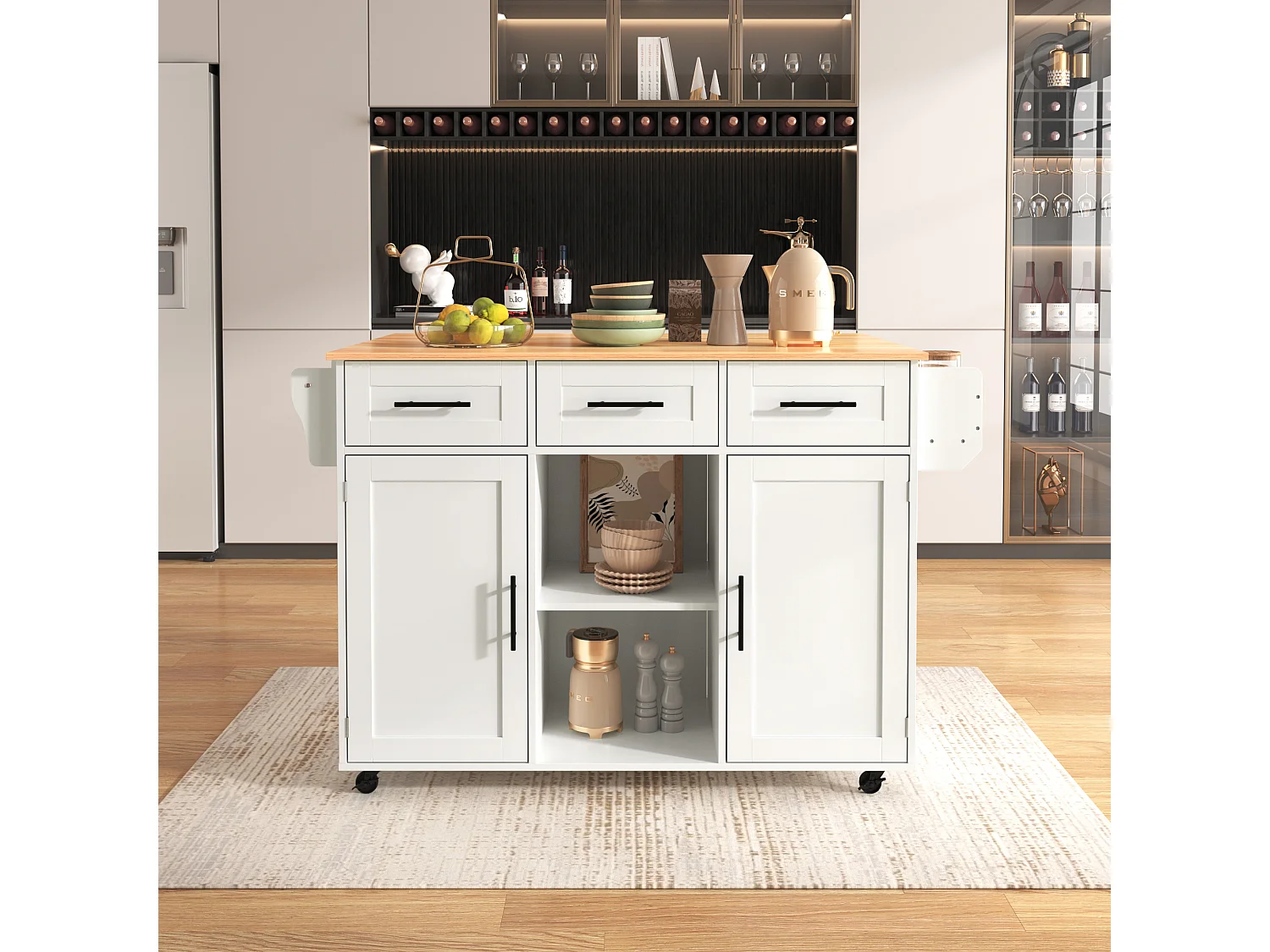 Ilot central de cuisine mobile avec 2 portes et 3 tiroirs - plateau extensible - 129x46/71x91,5 cm - Bois MDF + métal - Blanc + naturel