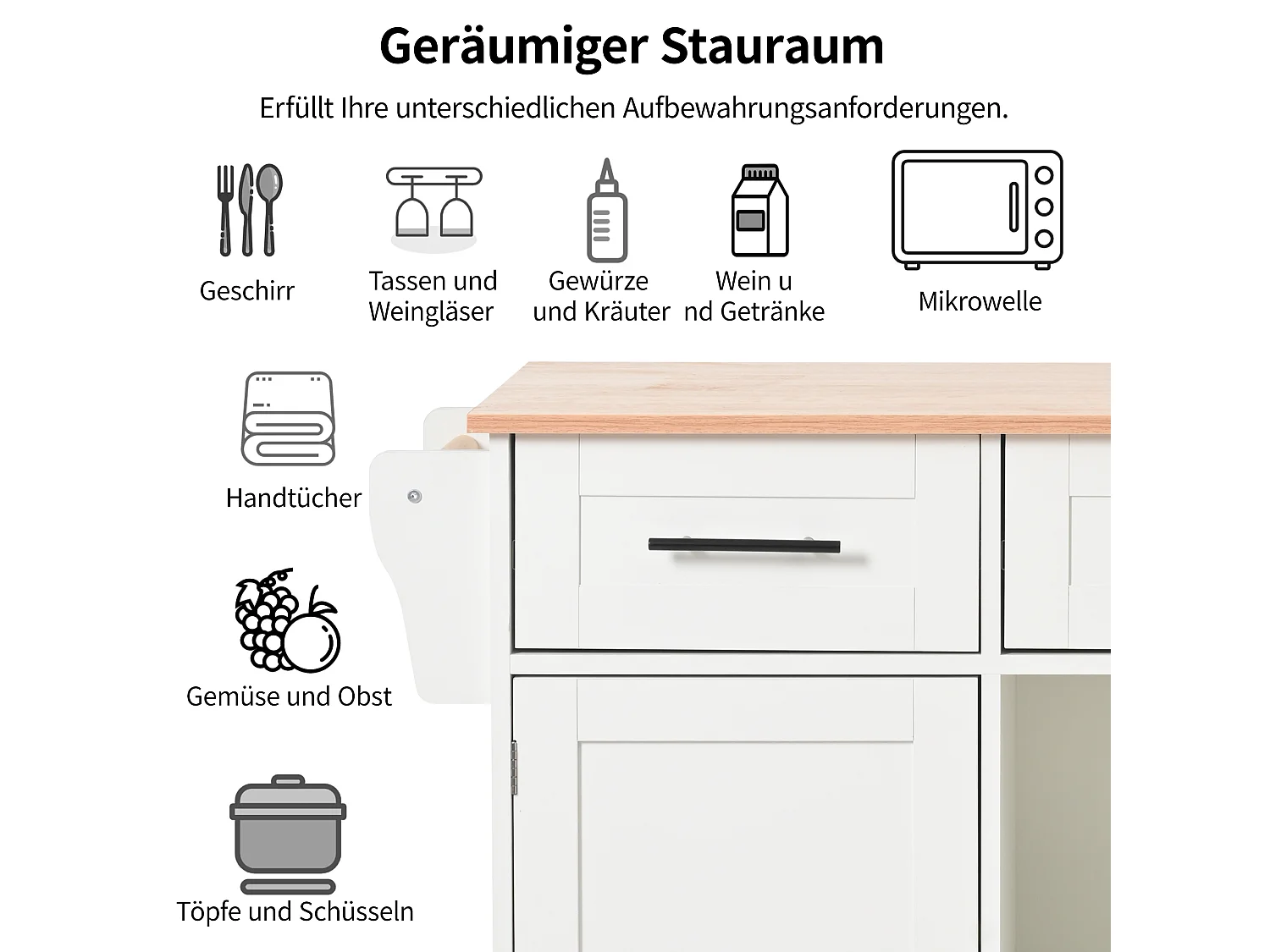 Ilot central de cuisine mobile avec 2 portes et 3 tiroirs - plateau extensible - 129x46/71x91,5 cm - Bois MDF + métal - Blanc + naturel