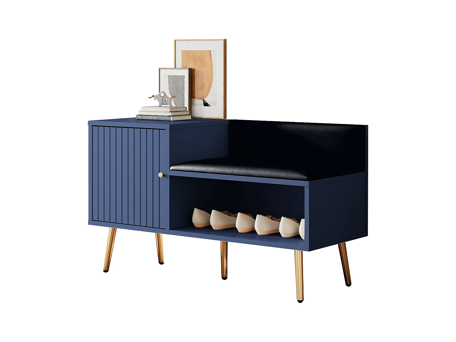 Banc à chaussures moderne avec une porte et coussin en cuir PU - pièds et poignées en métal - coloris bleu - 100 x 40 x 58 cm