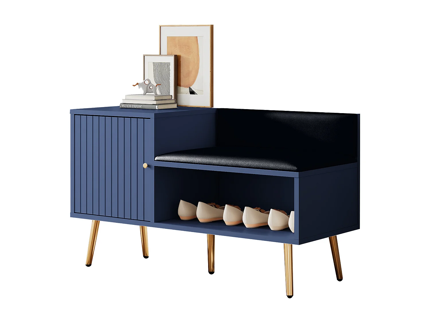 Banc à chaussures moderne avec une porte et coussin en cuir PU - pièds et poignées en métal - coloris bleu - 100 x 40 x 58 cm