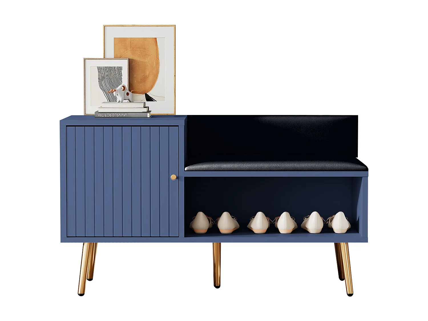 Banc à chaussures moderne avec une porte et coussin en cuir PU - pièds et poignées en métal - coloris bleu - 100 x 40 x 58 cm