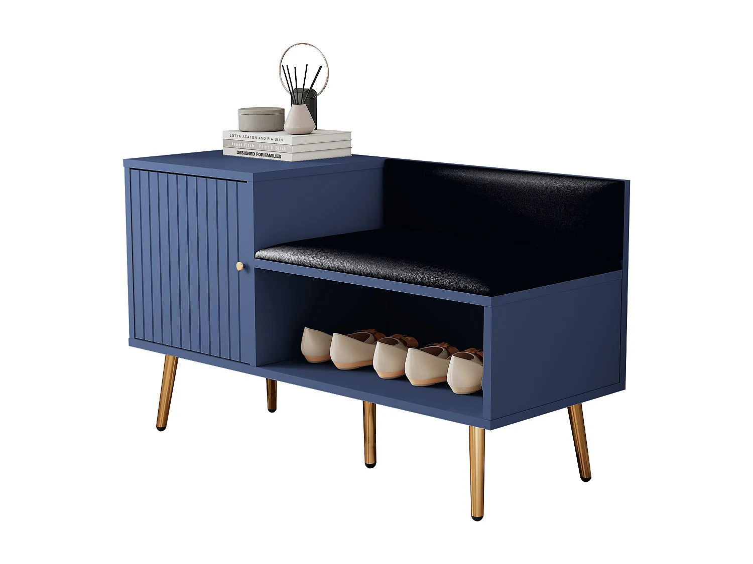 Banc à chaussures moderne avec une porte et coussin en cuir PU - pièds et poignées en métal - coloris bleu - 100 x 40 x 58 cm