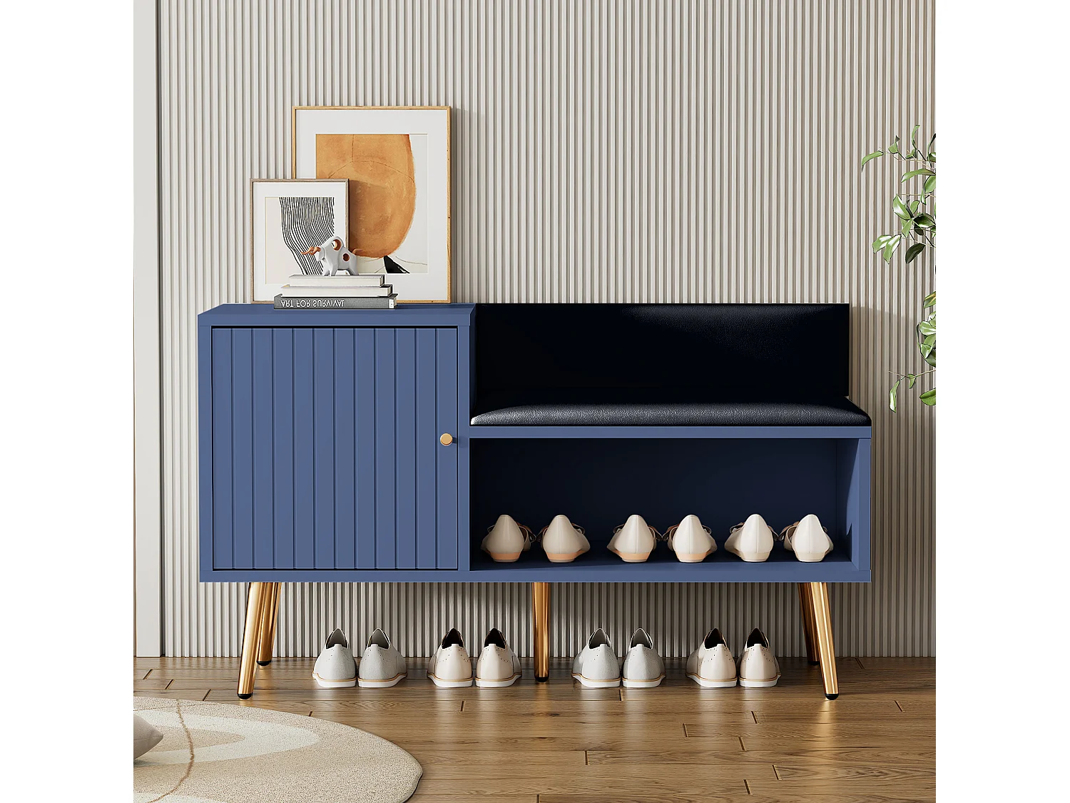 Banc à chaussures moderne avec une porte et coussin en cuir PU - pièds et poignées en métal - coloris bleu - 100 x 40 x 58 cm