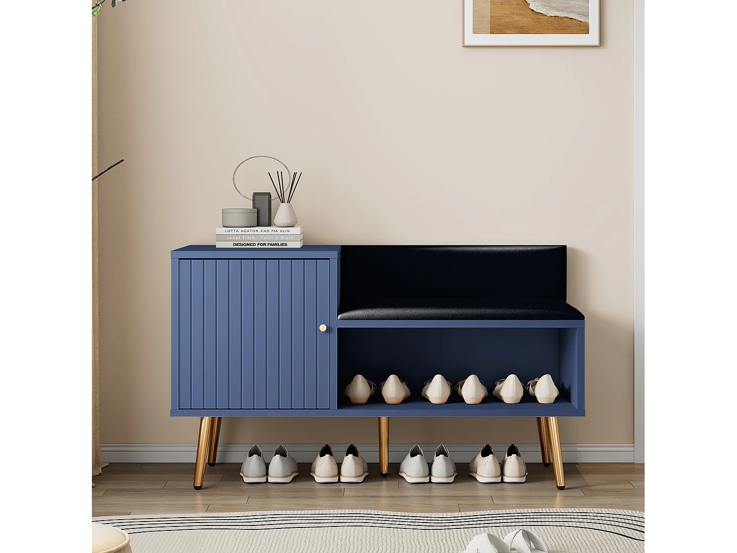 Banc à chaussures moderne avec une porte et coussin en cuir PU - pièds et poignées en métal - coloris bleu - 100 x 40 x 58 cm