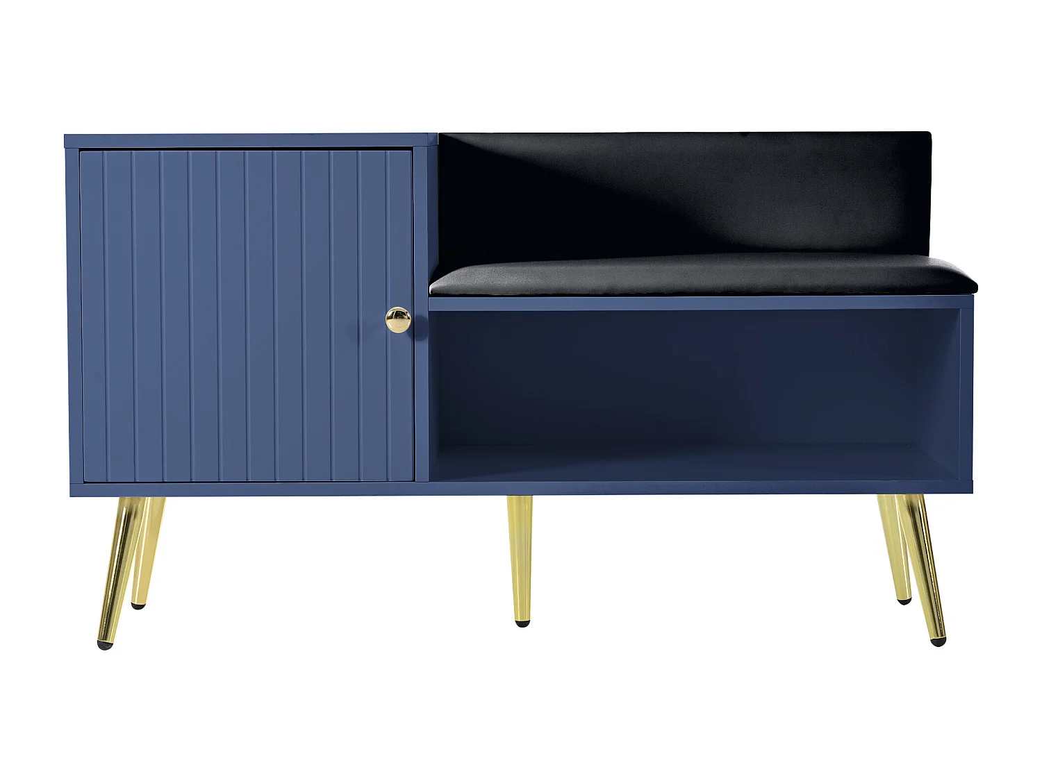 Banc à chaussures moderne avec une porte et coussin en cuir PU - pièds et poignées en métal - coloris bleu - 100 x 40 x 58 cm