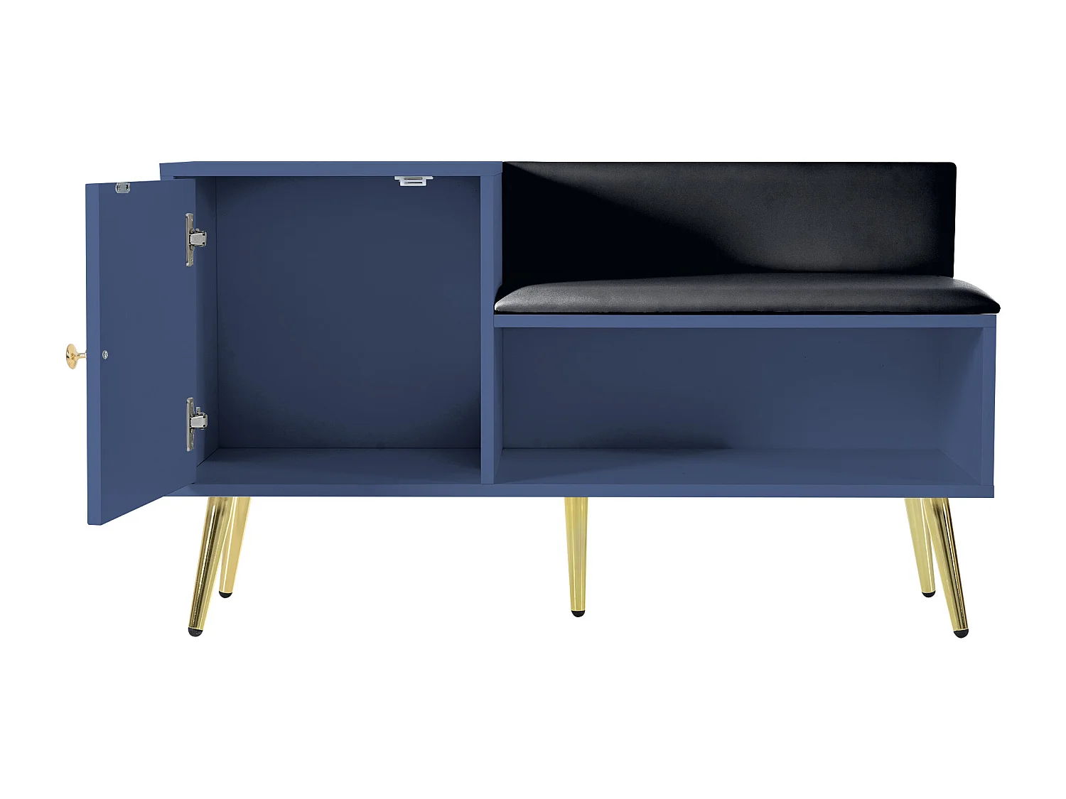 Banc à chaussures moderne avec une porte et coussin en cuir PU - pièds et poignées en métal - coloris bleu - 100 x 40 x 58 cm