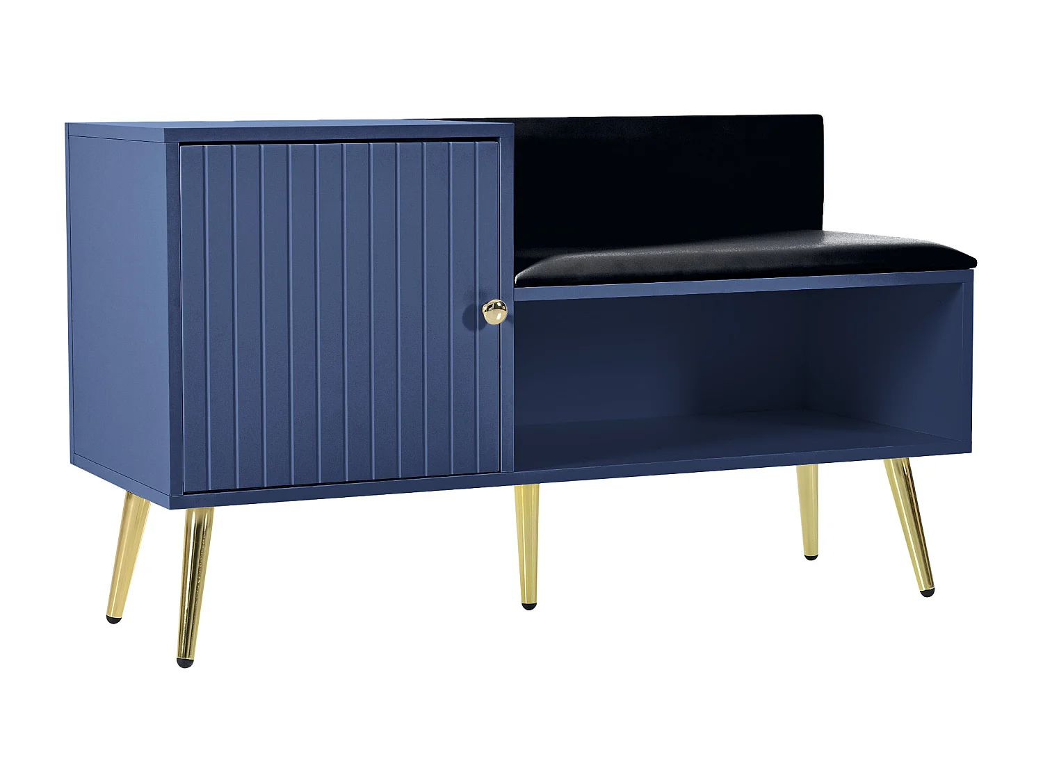 Banc à chaussures moderne avec une porte et coussin en cuir PU - pièds et poignées en métal - coloris bleu - 100 x 40 x 58 cm