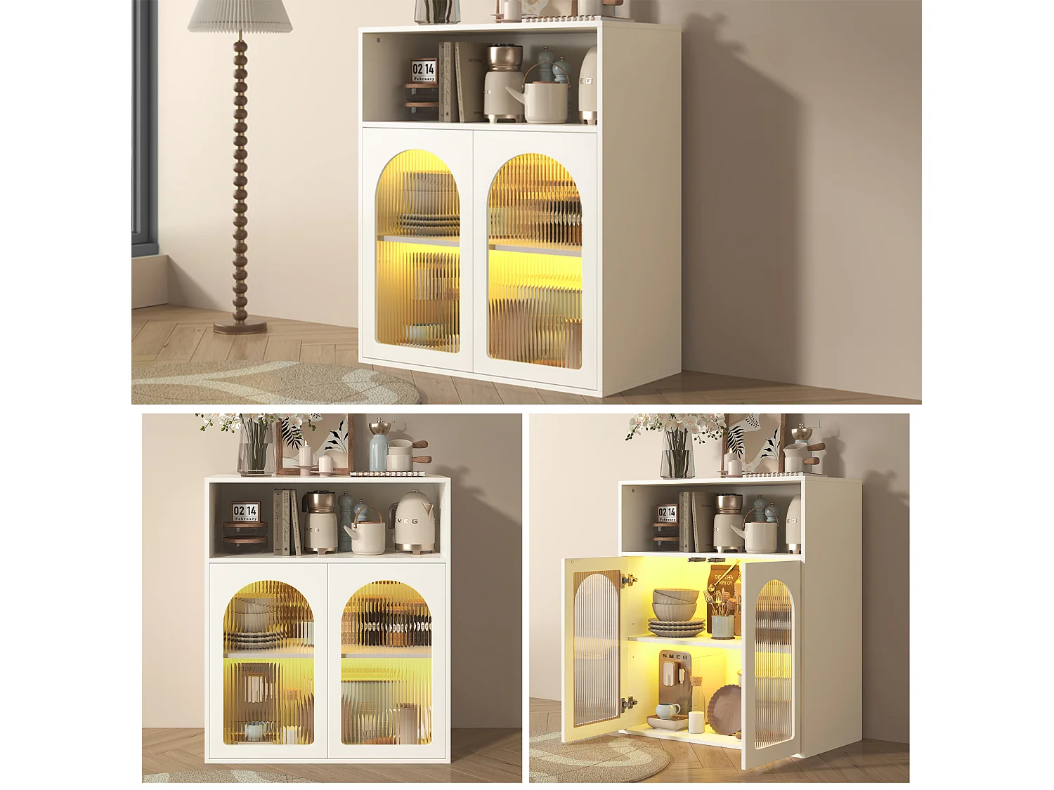 Buffet avec 2 portes vitrées et lumière LED - 70 x 35 x 90 cm - Bois MDF - pour salon, cuisine - Blanc