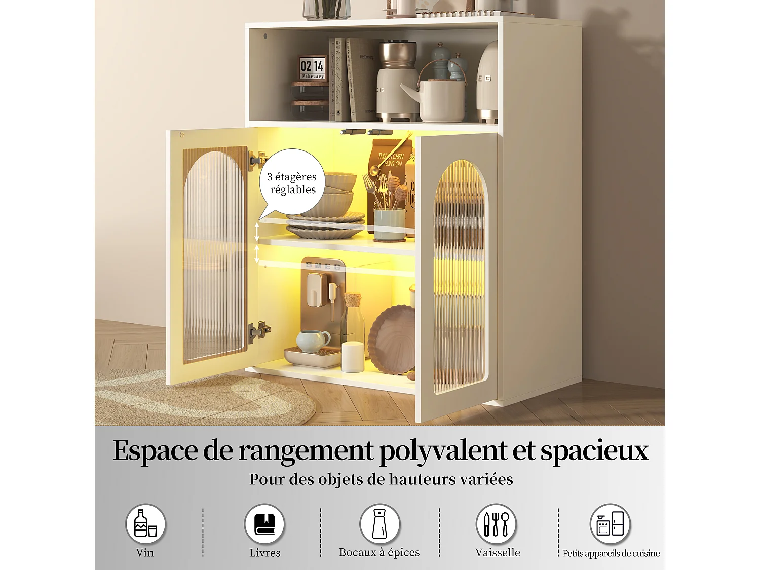 Buffet avec 2 portes vitrées et lumière LED - 70 x 35 x 90 cm - Bois MDF - pour salon, cuisine - Blanc