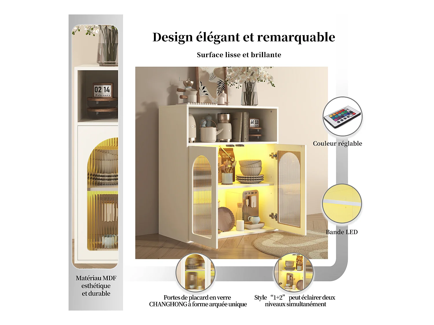 Buffet avec 2 portes vitrées et lumière LED - 70 x 35 x 90 cm - Bois MDF - pour salon, cuisine - Blanc