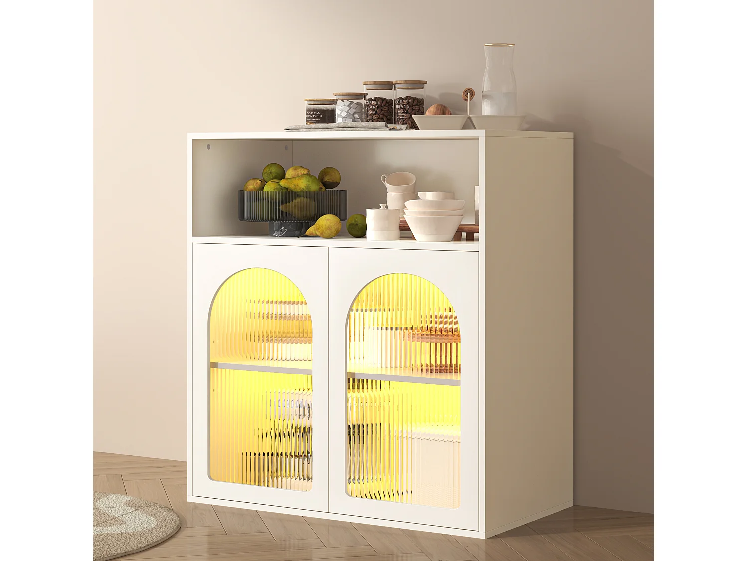 Buffet avec 2 portes vitrées et lumière LED - 70 x 35 x 90 cm - Bois MDF - pour salon, cuisine - Blanc