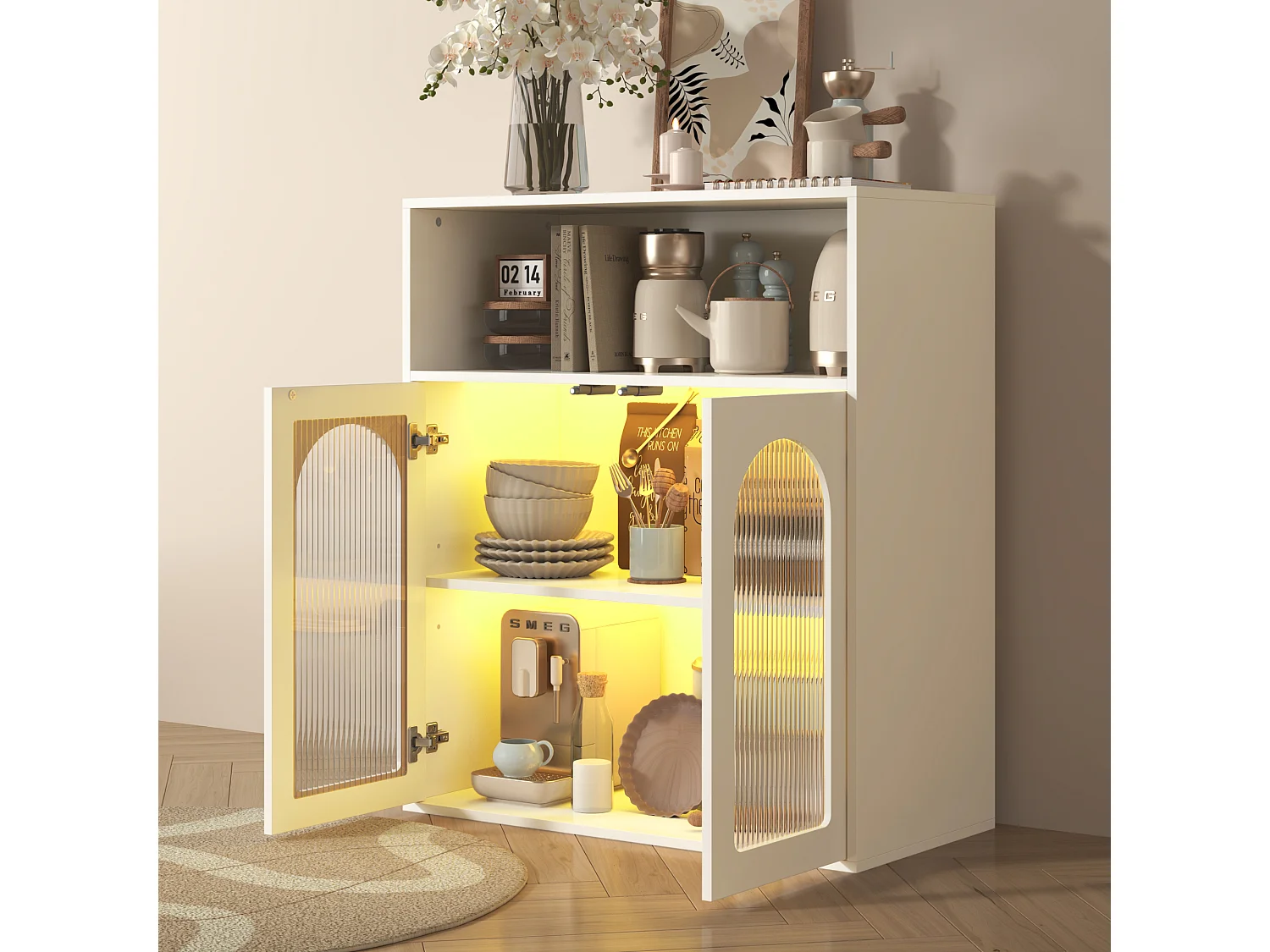 Buffet avec 2 portes vitrées et lumière LED - 70 x 35 x 90 cm - Bois MDF - pour salon, cuisine - Blanc