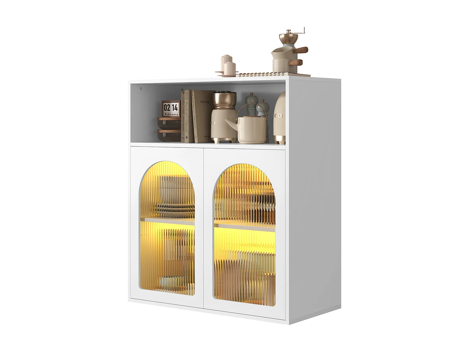 Buffet avec 2 portes vitrées et lumière LED - 70 x 35 x 90 cm - Bois MDF - pour salon, cuisine - Blanc