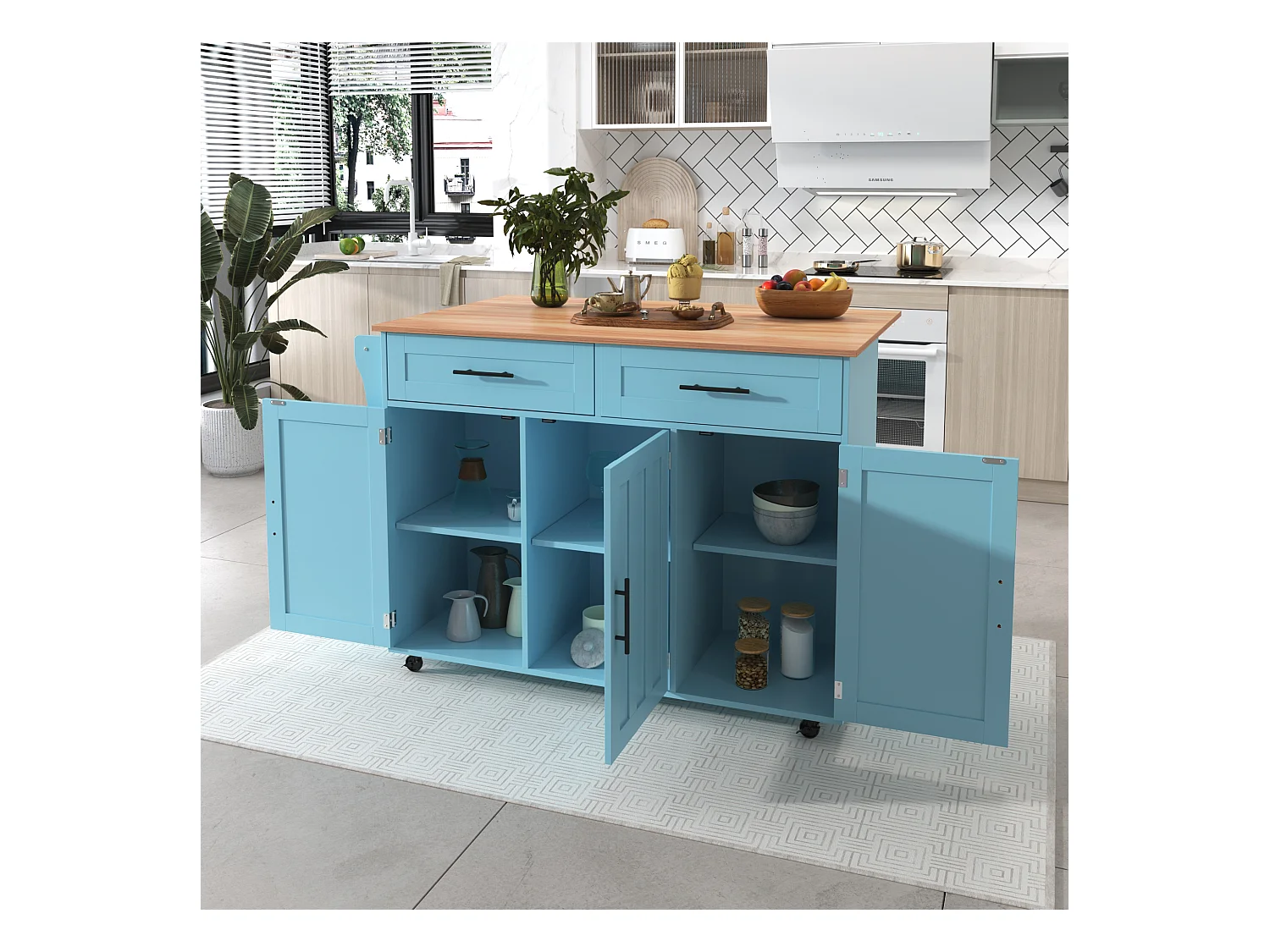 Mobiel centraal keukeneiland met 3 deuren en 2 laden - uitschuifbaar blad - 129x46/71x91,5 cm - MDF hout + metaal - Blauw