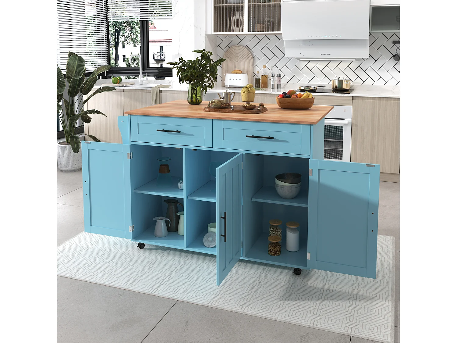 Mobiel centraal keukeneiland met 3 deuren en 2 laden - uitschuifbaar blad - 129x46/71x91,5 cm - MDF hout + metaal - Blauw