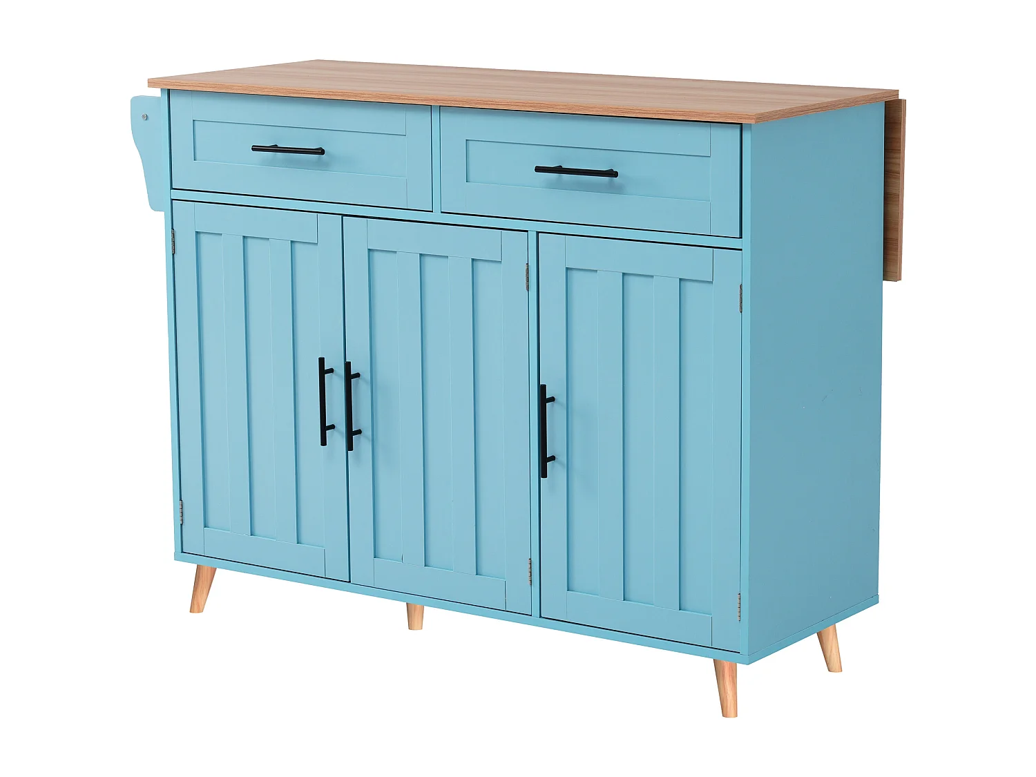 Mobiel centraal keukeneiland met 3 deuren en 2 laden - uitschuifbaar blad - 129x46/71x91,5 cm - MDF hout + metaal - Blauw