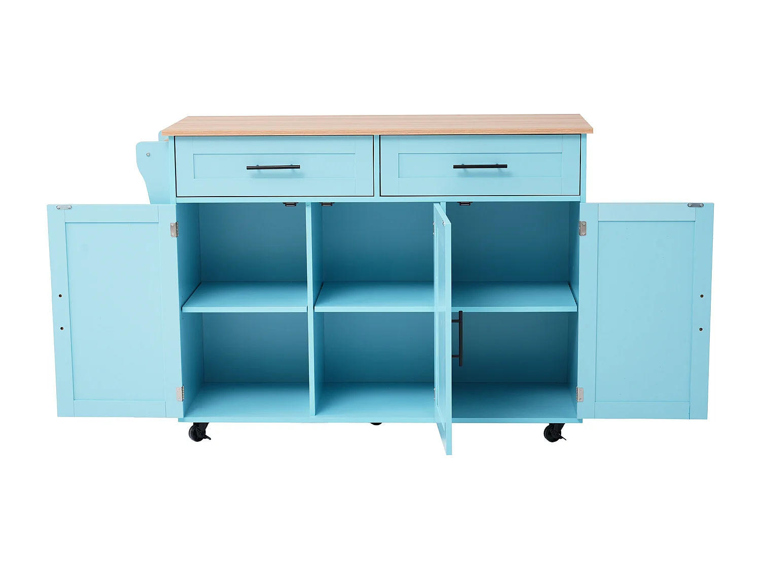 Mobiel centraal keukeneiland met 3 deuren en 2 laden - uitschuifbaar blad - 129x46/71x91,5 cm - MDF hout + metaal - Blauw