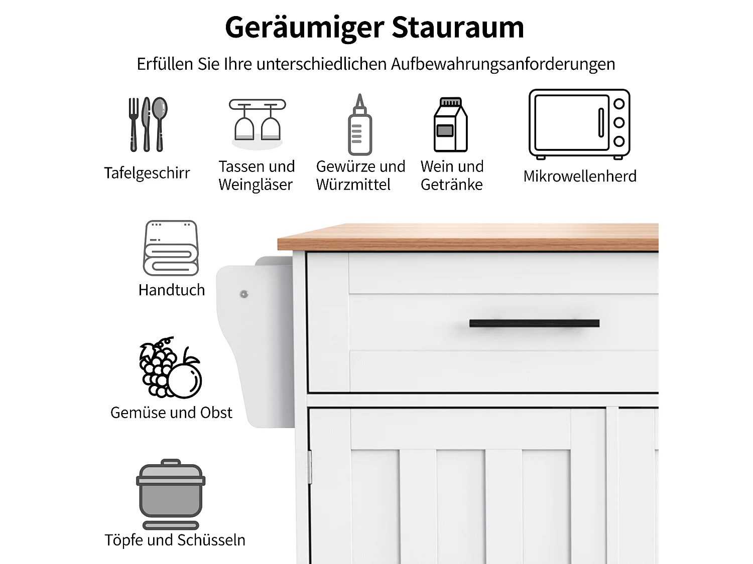 Mobilna wyspa kuchenna z 3 drzwiami i 2 szufladami - rozkładany blat - 129x46/71x91,5 cm - drewno MDF + metal - biały + naturalny