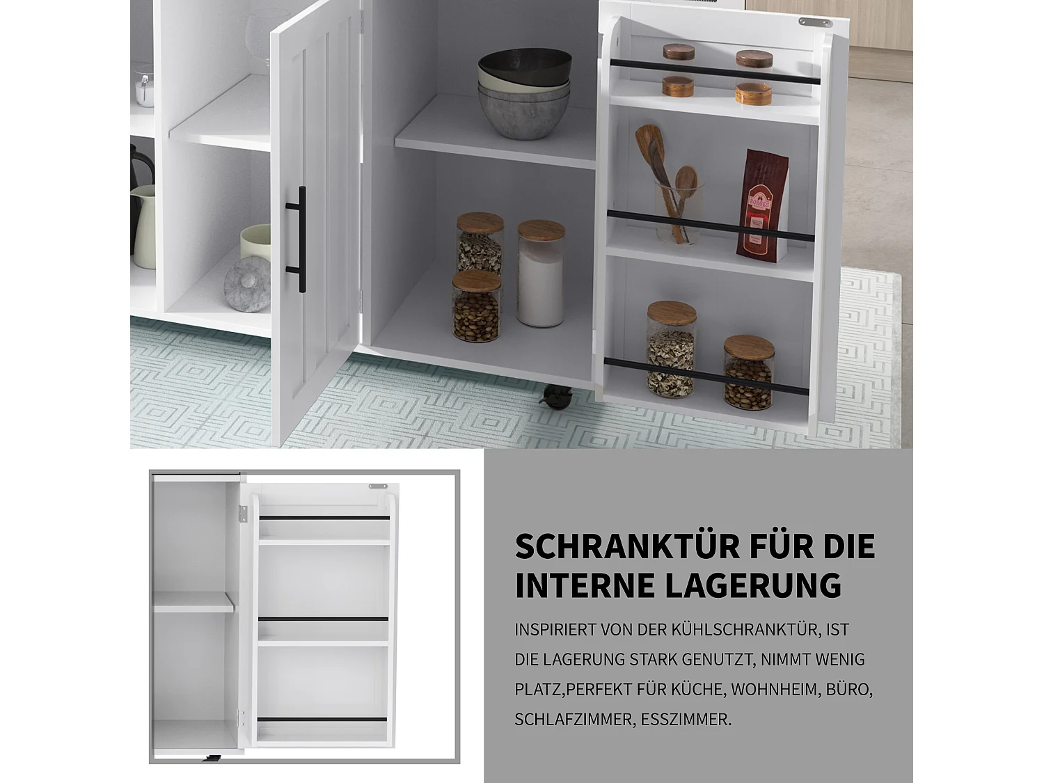 Mobilna wyspa kuchenna z 3 drzwiami i 2 szufladami - rozkładany blat - 129x46/71x91,5 cm - drewno MDF + metal - biały + naturalny