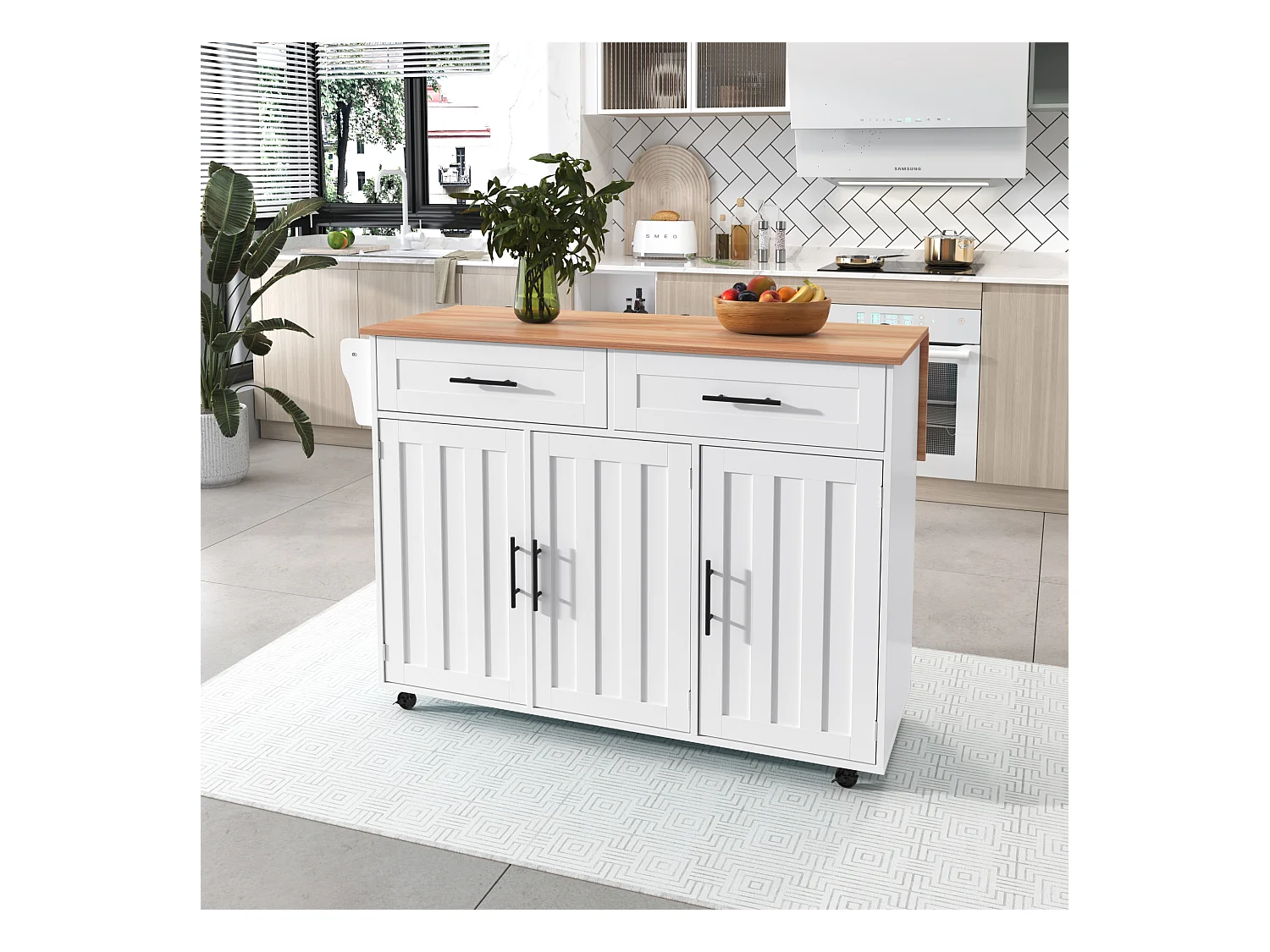 Ilot central de cuisine mobile avec 3 portes et 2 tiroirs - plateau extensible - 129x46/71x91,5 cm - Bois MDF + métal - Blanc + naturel