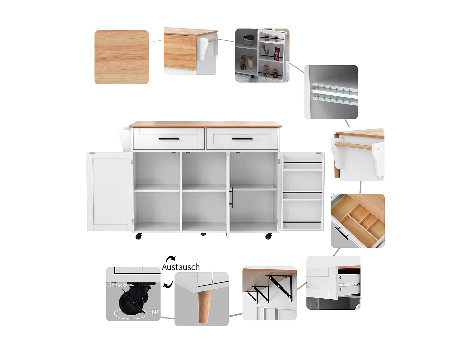 Ilot central de cuisine mobile avec 3 portes et 2 tiroirs - plateau extensible - 129x46/71x91,5 cm - Bois MDF + métal - Blanc + naturel