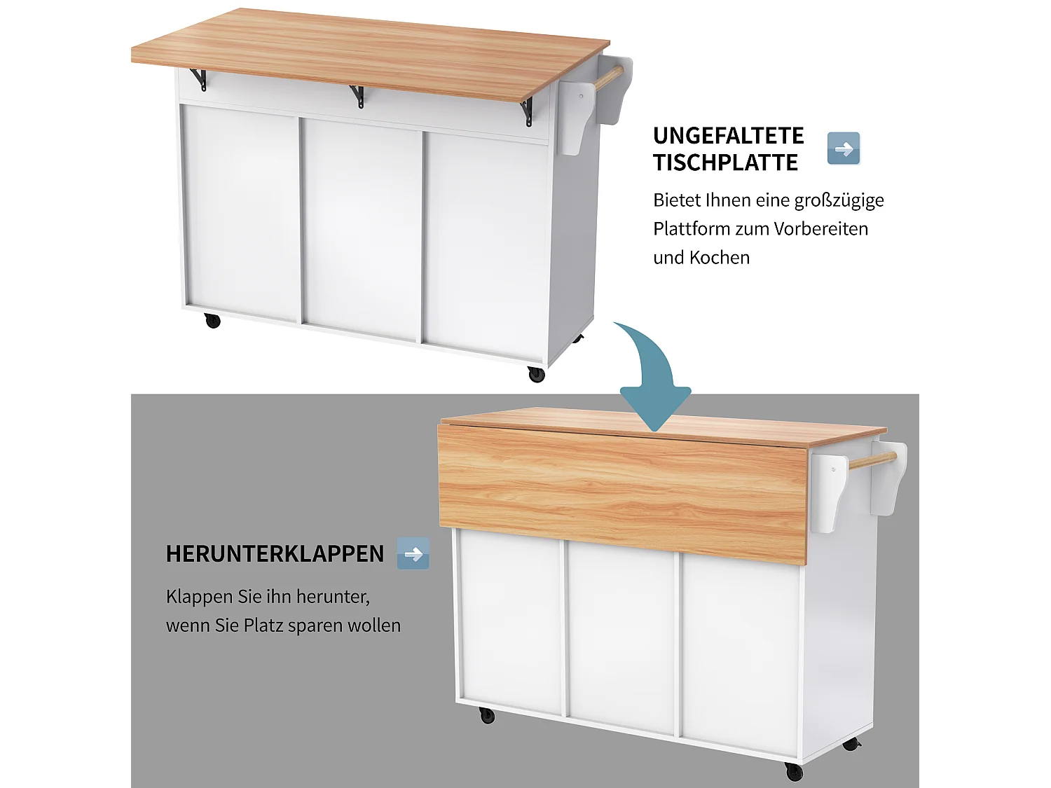 Ilot central de cuisine mobile avec 3 portes et 2 tiroirs - plateau extensible - 129x46/71x91,5 cm - Bois MDF + métal - Blanc + naturel