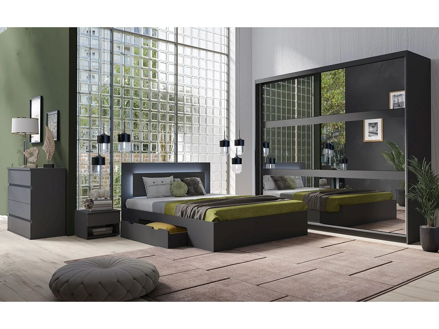 SCHLAFZIMMER-SET Fino mit Lattenrahmen graphit 5-teilig