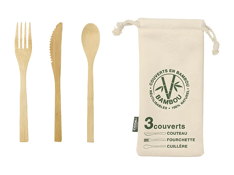 Lot de 3 Couverts & Pochette "Ecolo" 19cm Naturel