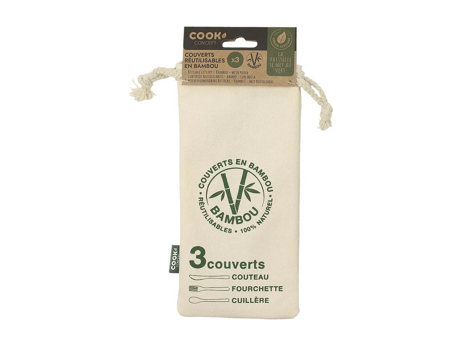 Lot de 3 Couverts & Pochette "Ecolo" 19cm Naturel