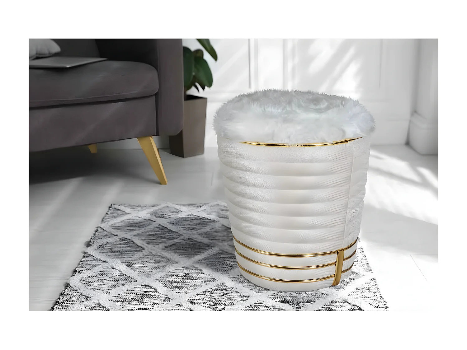 Tabouret en Tissu "Doric" 50cm Ivoire & Or