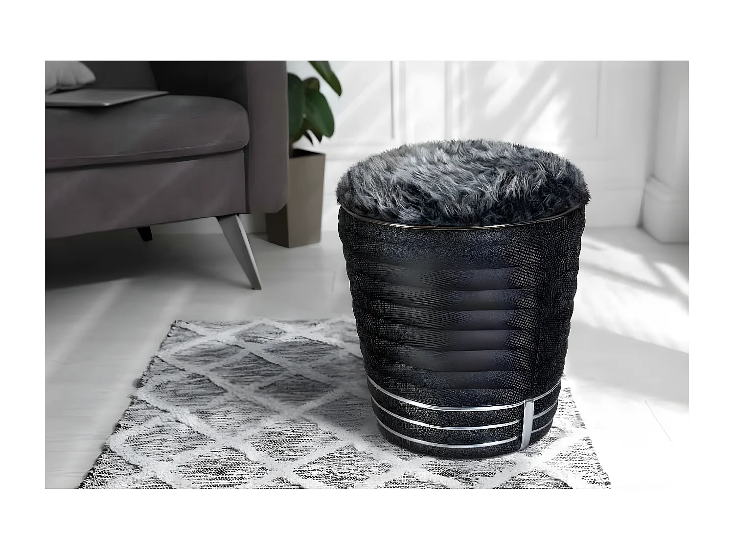 Tabouret en Tissu "Doric" 50cm Anthracite & Argent
