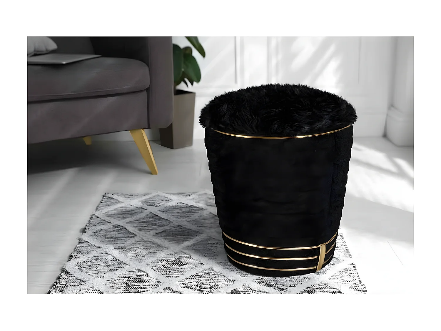 Tabouret Déco en Tissu "Doric" 50cm Noir & Or