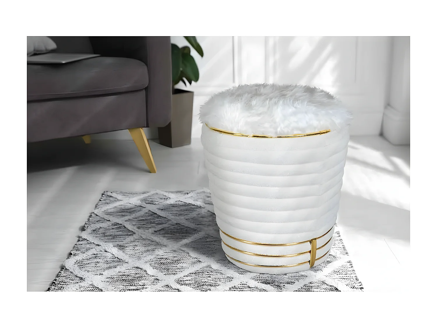 Tabouret Déco en Tissu "Doric" 50cm Blanc & Or