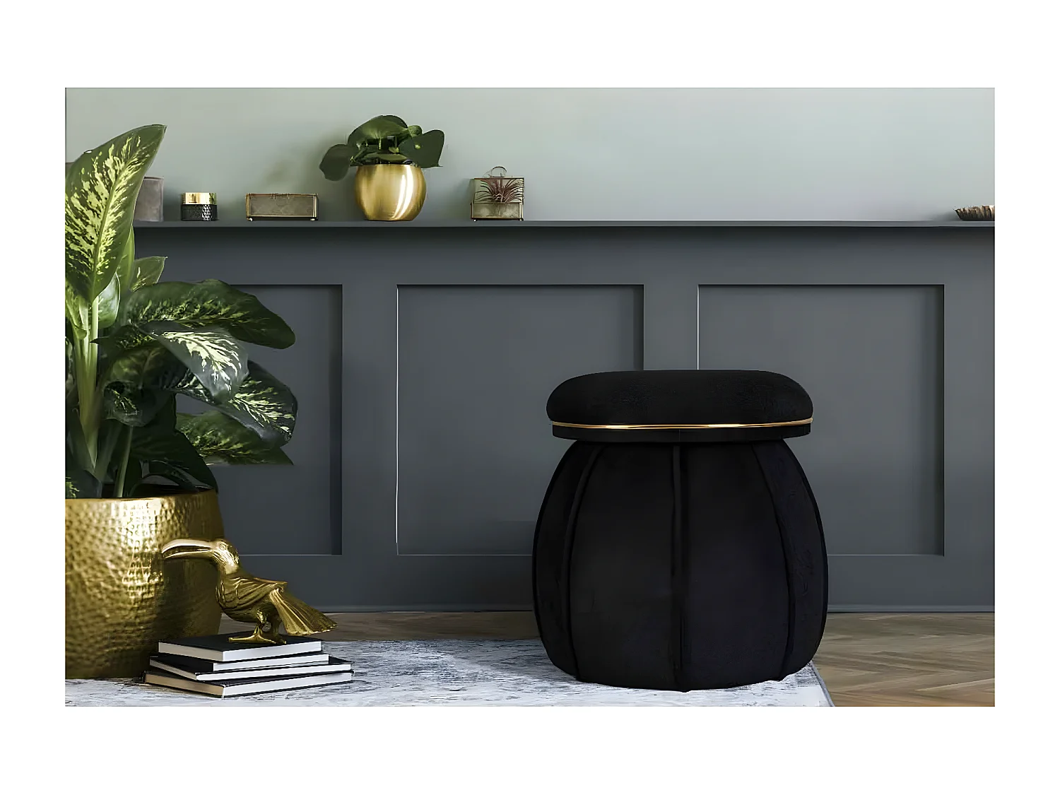Tabouret Rond Déco "Corin" 55cm Noir & Or
