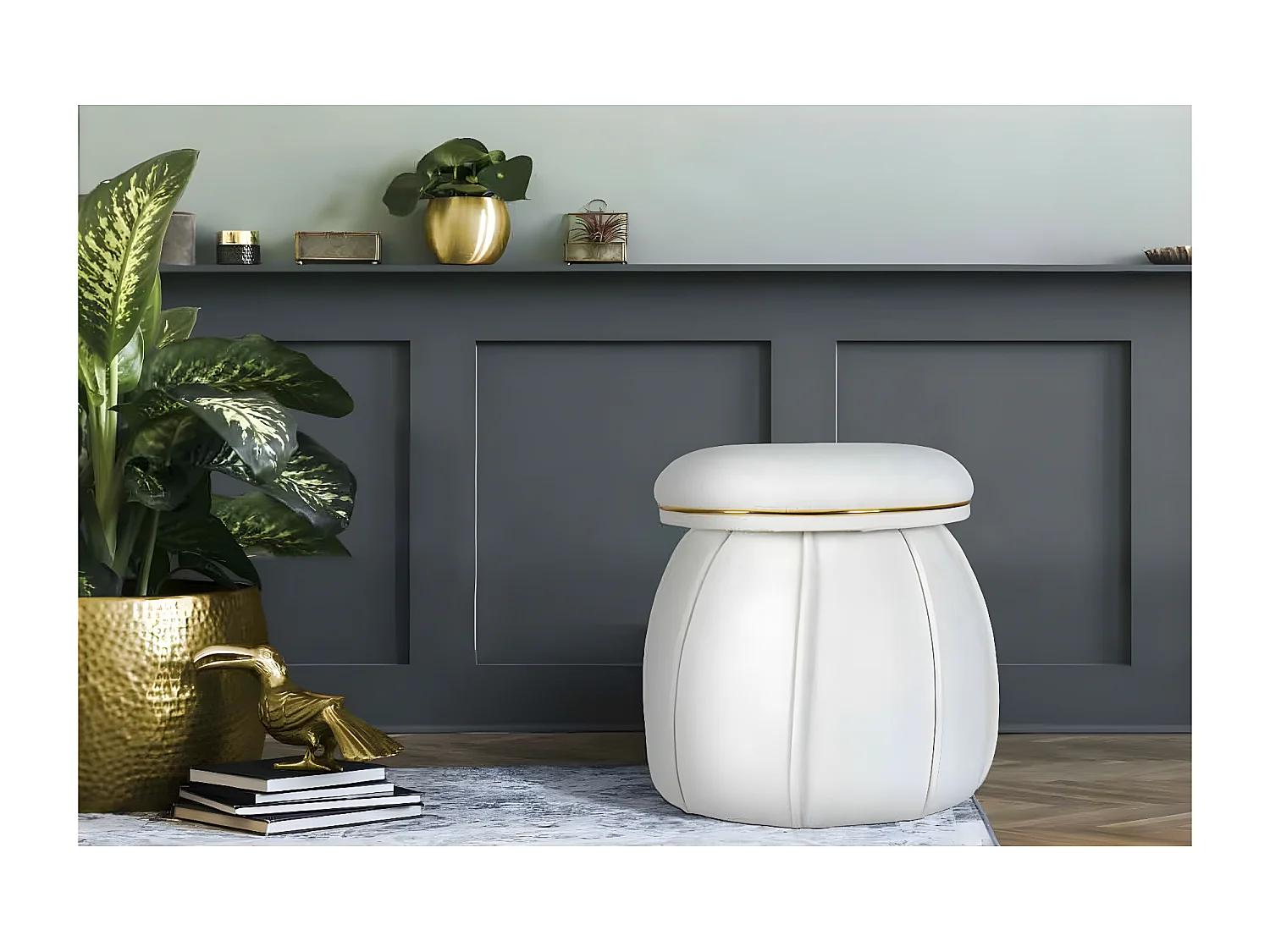 Tabouret Rond Déco "Corin" 55cm Blanc & Or