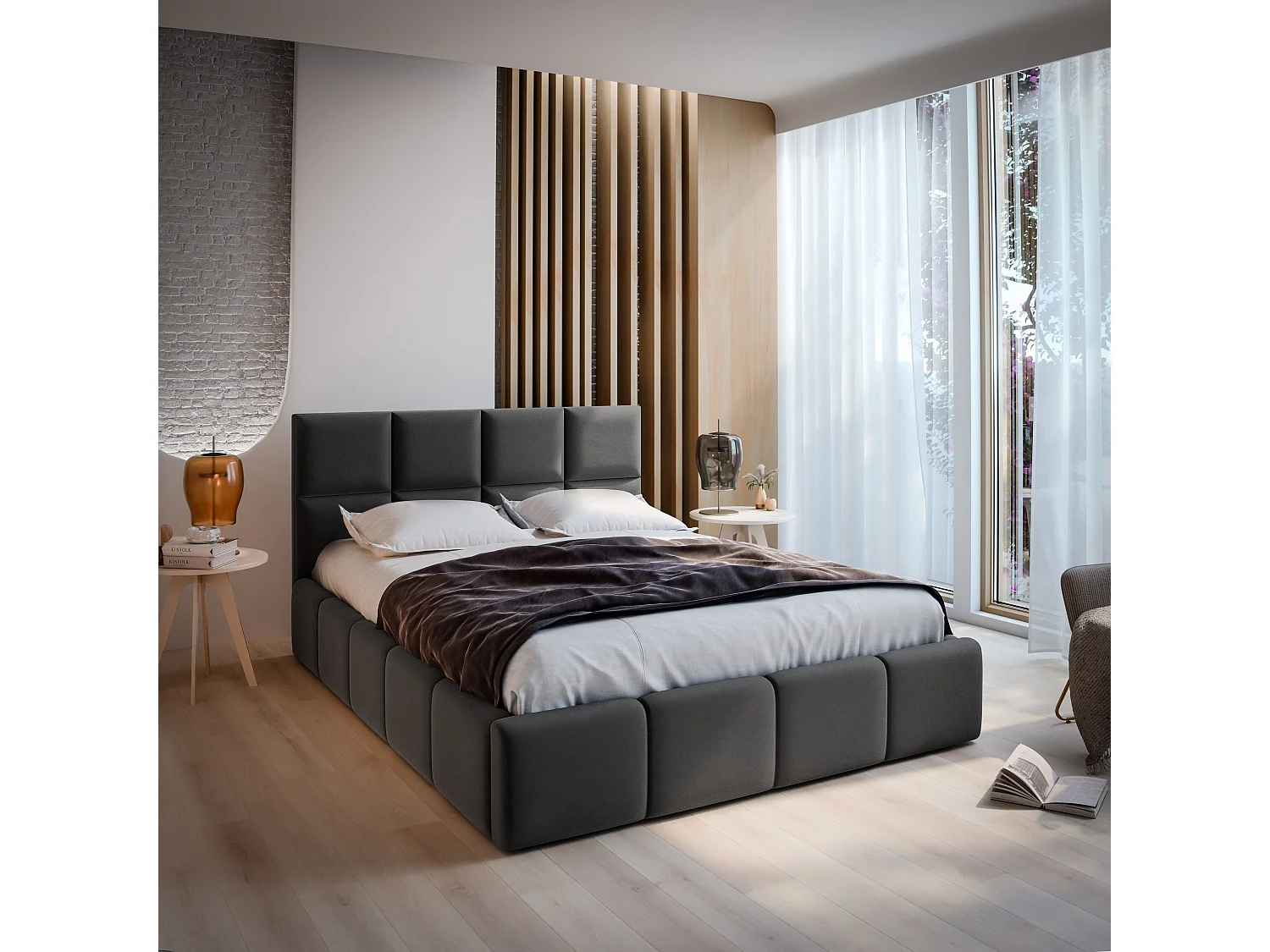 Gestoffeerd bed COMO 180x200 cm - Geweven stof - Grijs