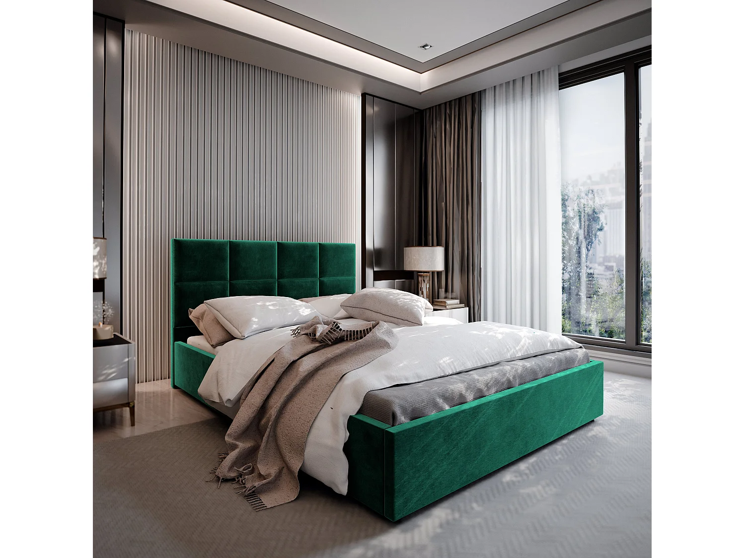 Gestoffeerd bed LIMENA 160x200 cm - Pluche stof - Flessengroen
