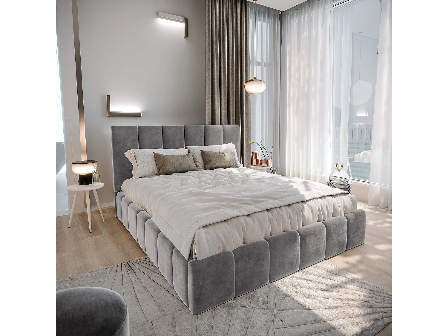 Lit Coffre TARANTO 180x200 cm - Tissu velours - Gris clair