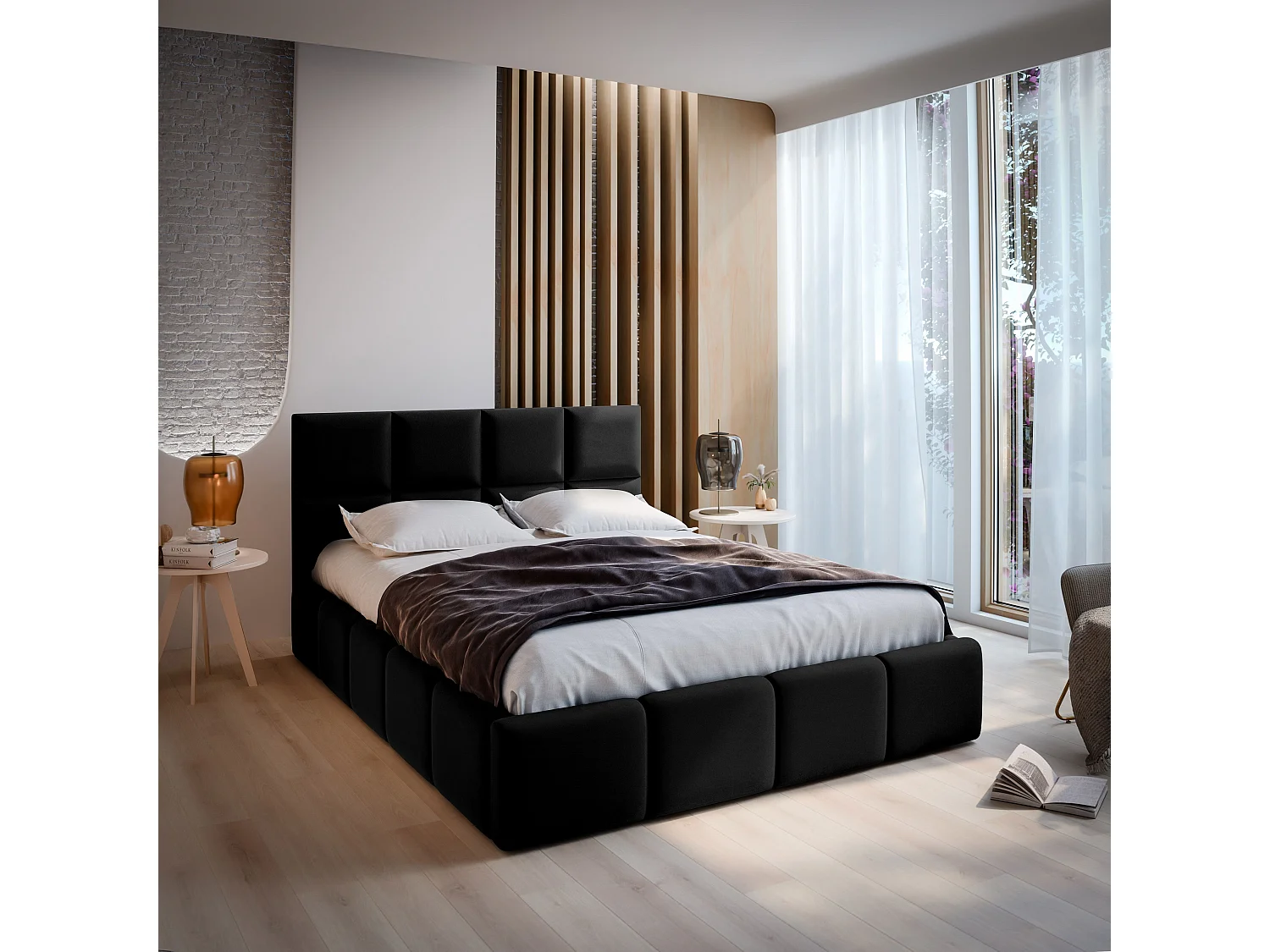 Gestoffeerd bed COMO 180x200 cm - Geweven stof - Zwart