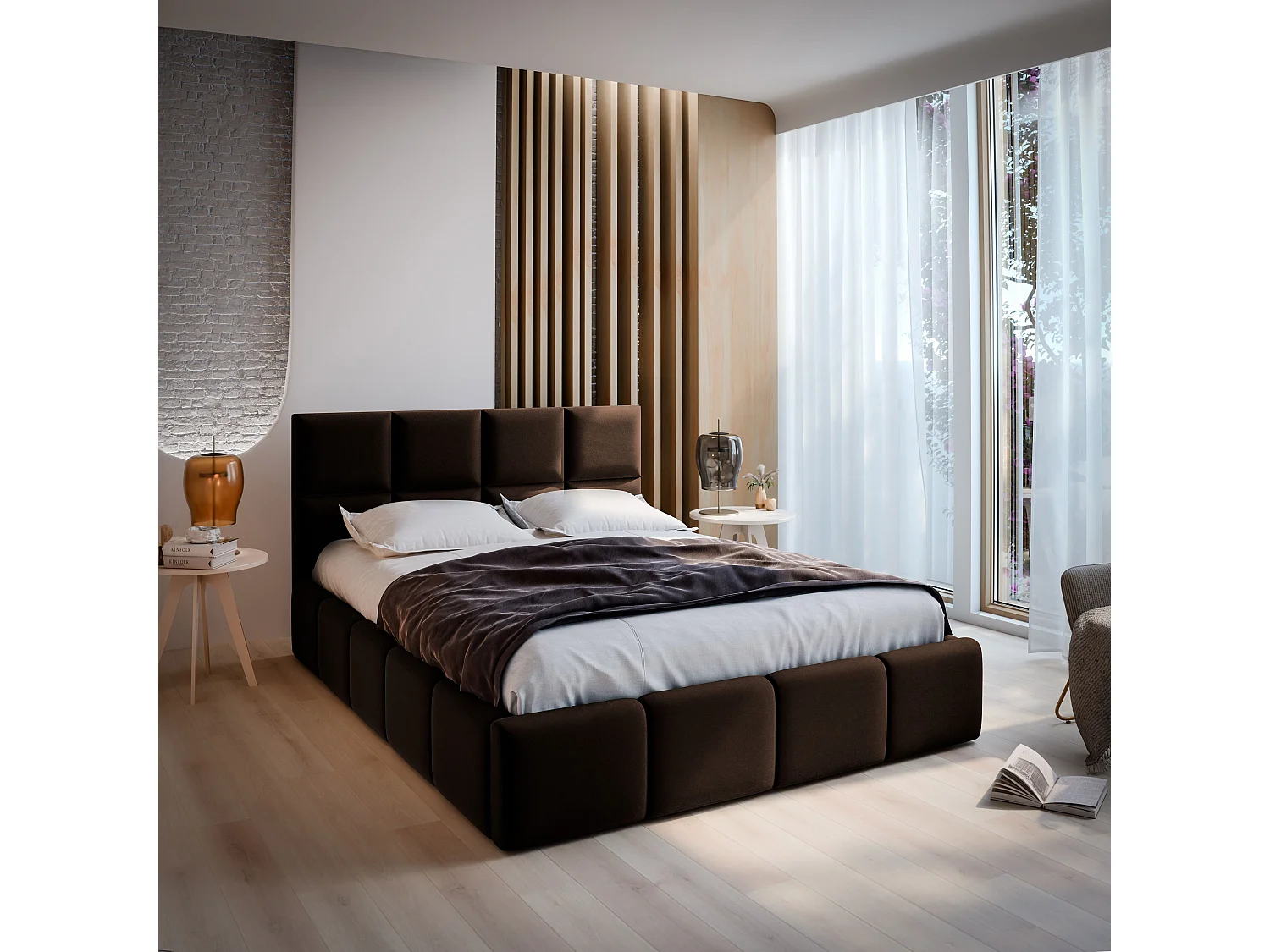 Lit Coffre COMO 160x200 cm - Tissu tissé - Marron