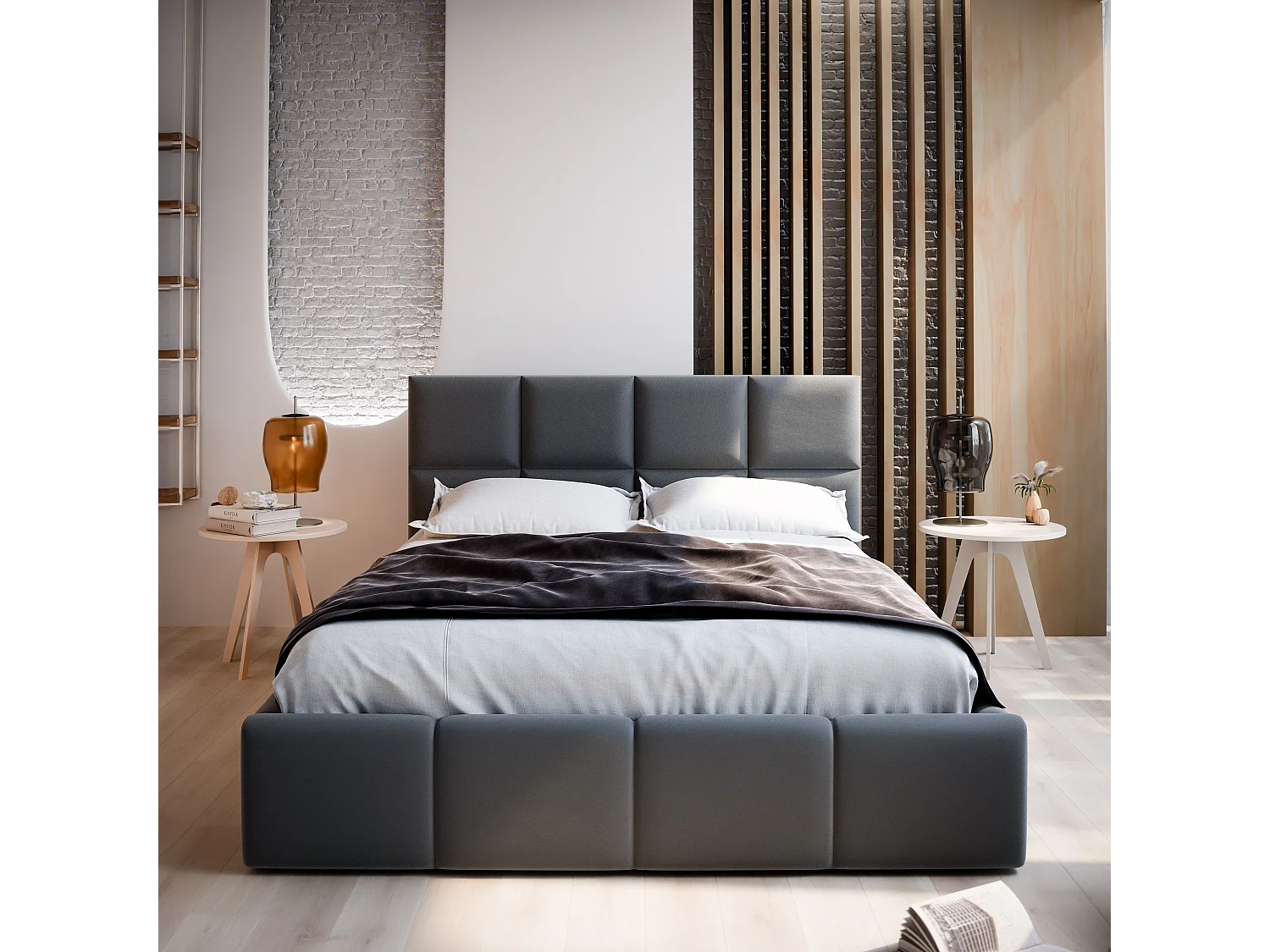 Lit Coffre COMO 160x200 cm - Tissu tissé - Marron