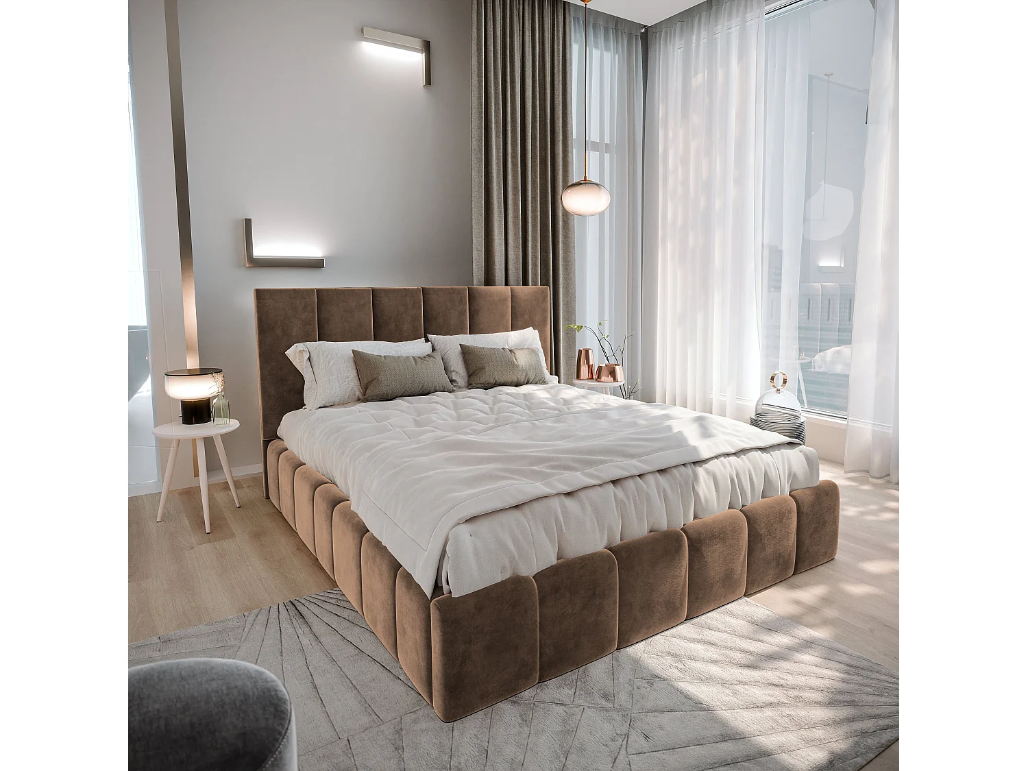 Gestoffeerd bed TARANTO 180x200 cm - Fluwelen stof - Beige