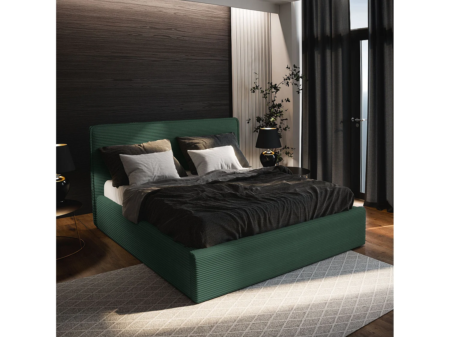 Gestoffeerd bed PARMA 140x200 cm - Corduroy stof - Flessengroen