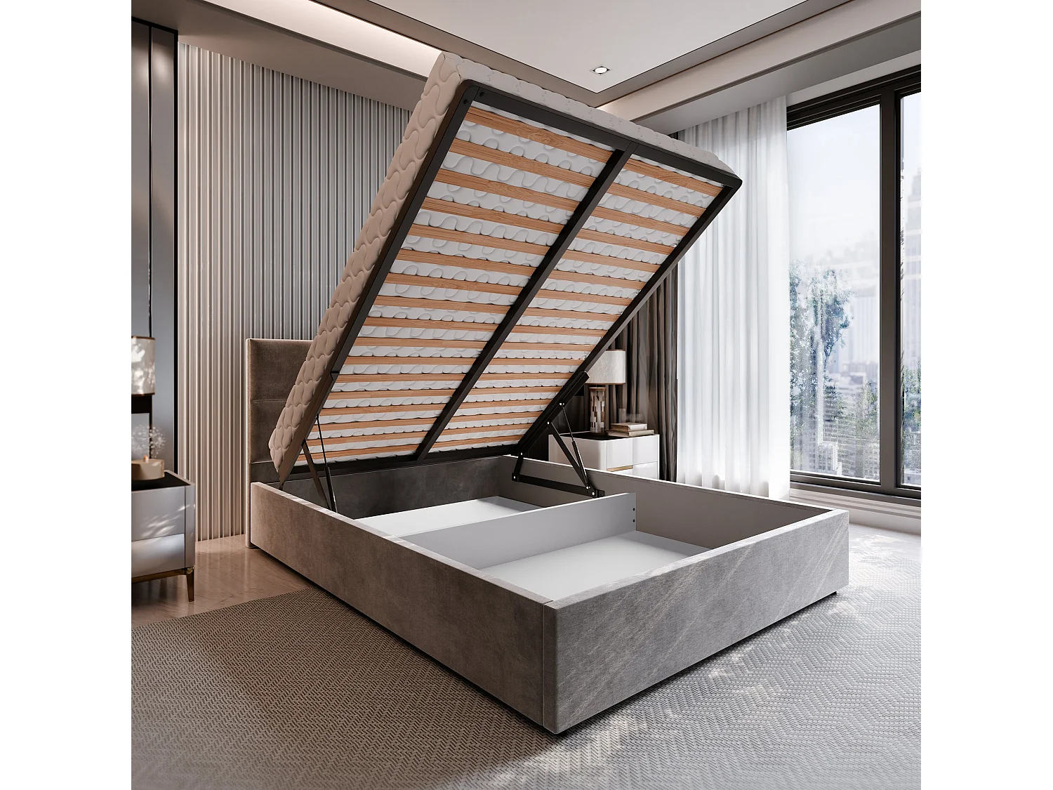 Gestoffeerd bed LIMENA 140x200 cm - Pluche stof - Grijs