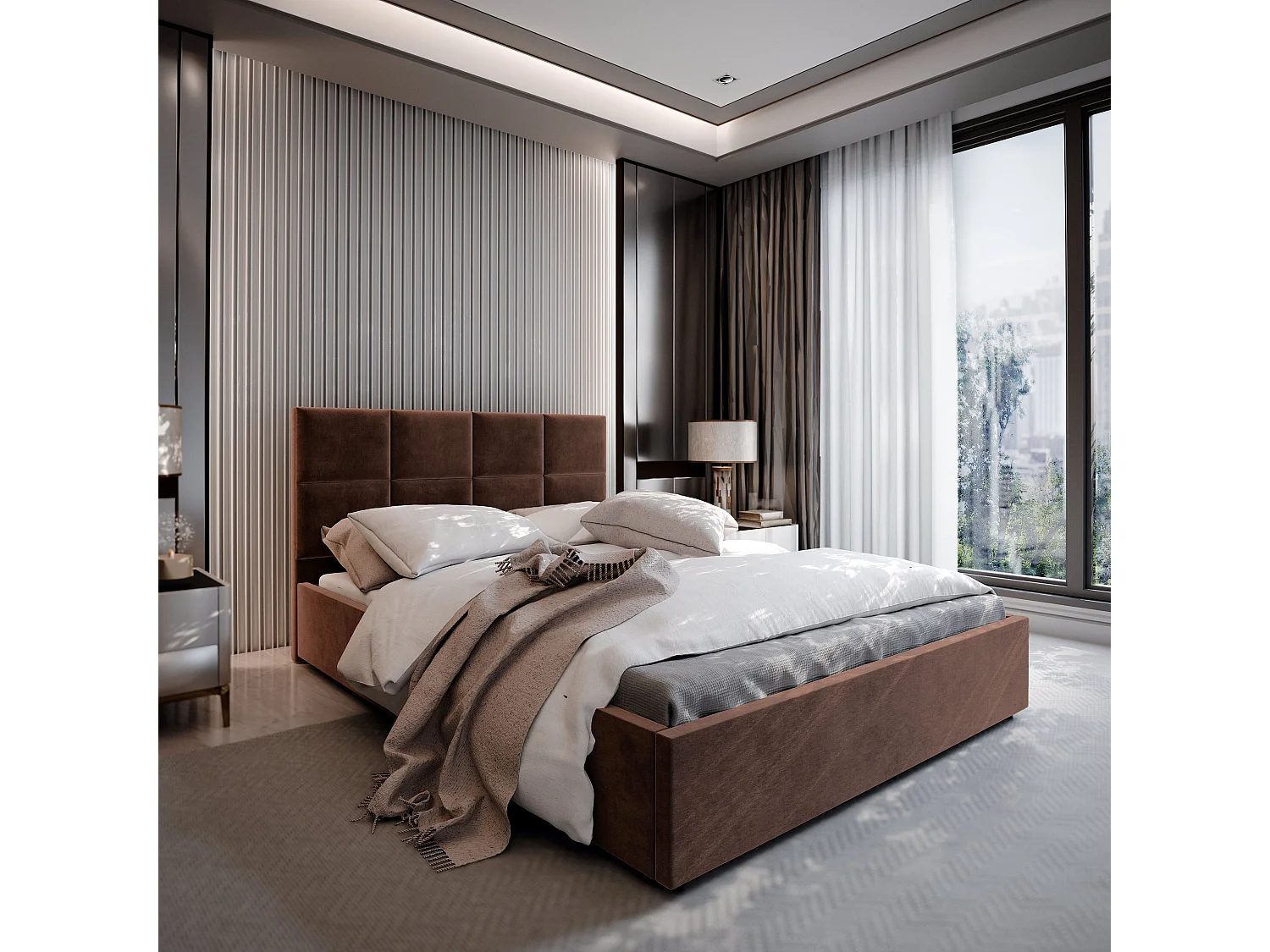Lit Coffre LIMENA 160x200 cm - Tissu peluche - Marron